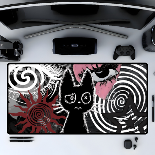 Dark Punk Cat Desk Mat Grunge Cat Mouse Pad Alt Aesthetic Desk Mat with Scribble Art, Spiral Eyes, Gothic Dark Gamer Gift Indie Setup